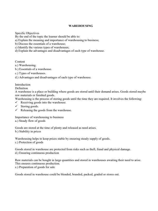 Page 1 – Form 2 Business Studies Notes on Warehousing – Kenyaplex