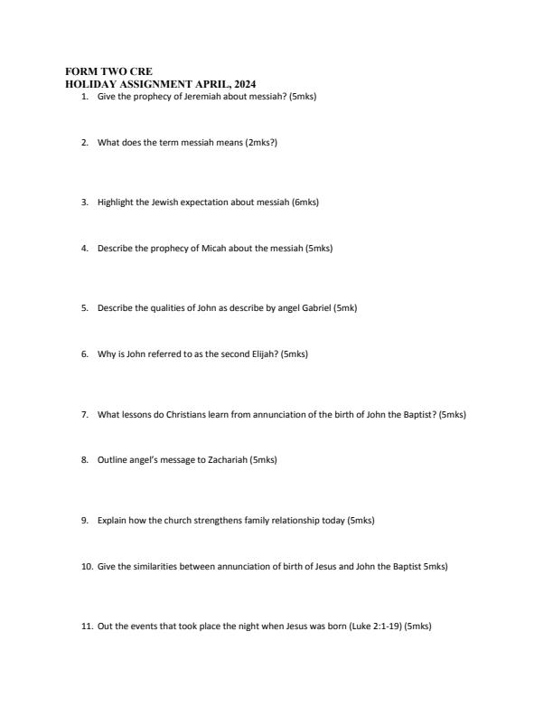 Page 1 – Form 2 CRE April 2024 Holiday Assignment – Kenyaplex