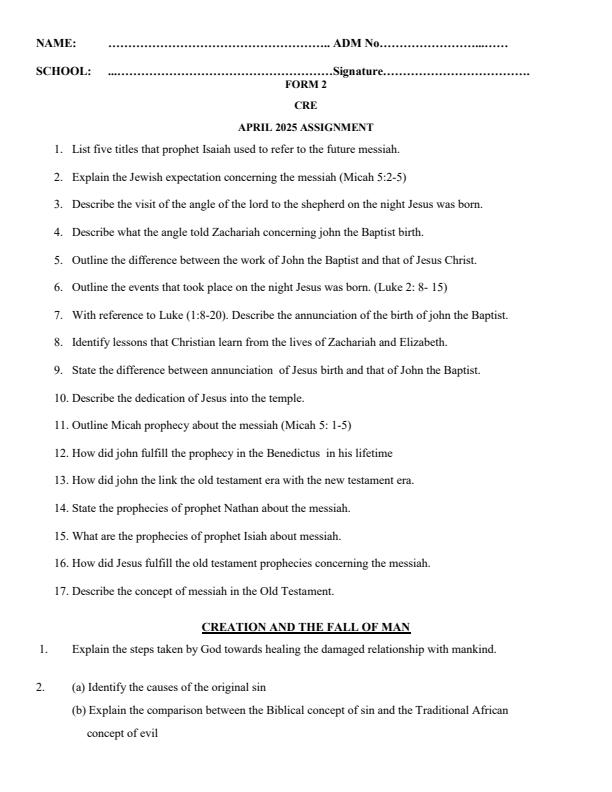 Page 1 – Form 2 CRE April 2025 Holiday Assignment – Kenyaplex