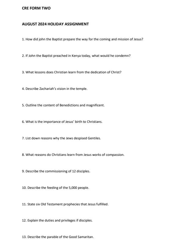 Page 1 – Form 2 CRE August 2024 Holiday Assignment – Kenyaplex