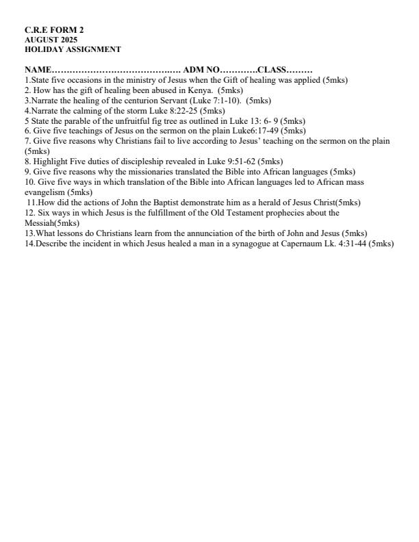 Page 1 – Form 2 CRE August 2025 Holiday Assignment – Kenyaplex