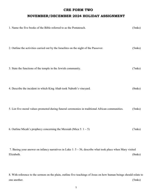 Page 1 – Form 2 CRE December 2024 Holiday Assignment – Kenyaplex