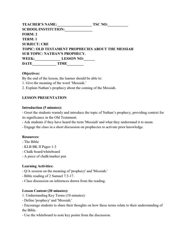 Page 1 – Form 2 CRE Lesson Plans Term 1 – Kenyaplex