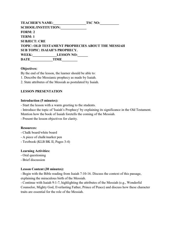 Page 4 – Form 2 CRE Lesson Plans Term 1 – Kenyaplex