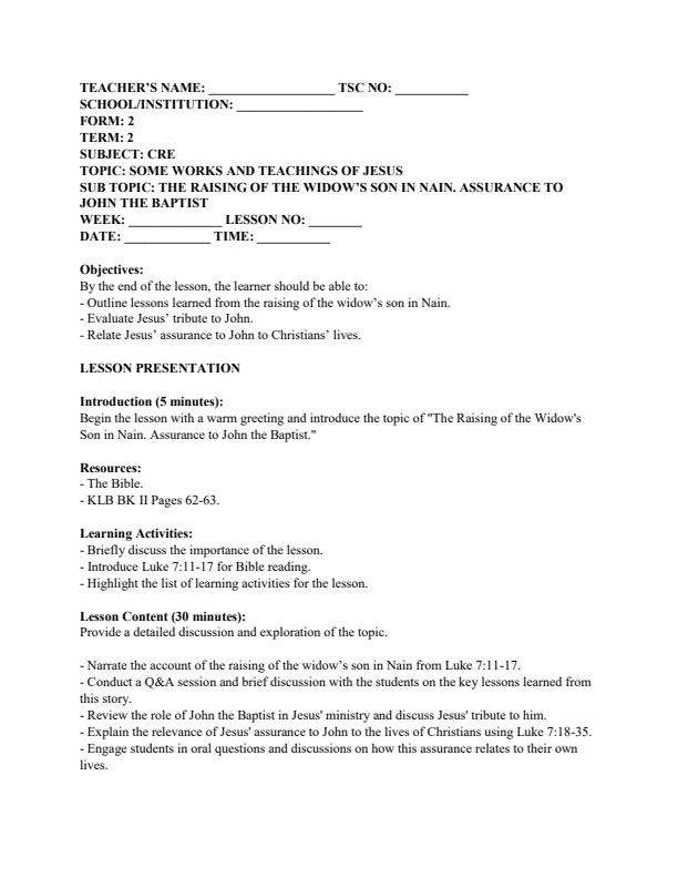 Page 1 – Form 2 CRE Lesson Plans Term 2 – Kenyaplex