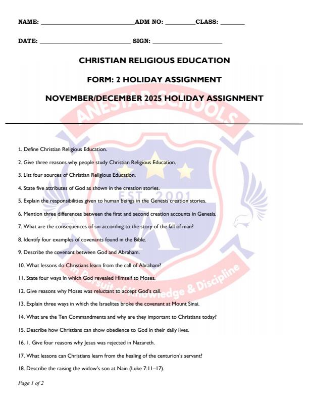 Page 1 – Form 2 CRE November/December 2025 Holiday Assignment – Kenyaplex