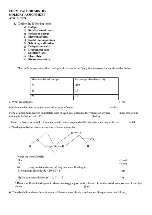 Page 1 – Form 2 Chemistry April 2024 Holiday Assignment – Kenyaplex
