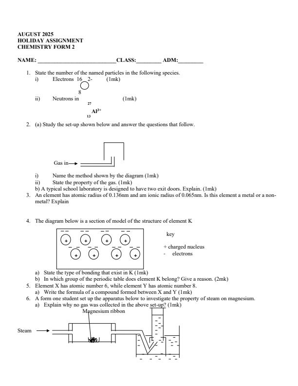 Page 1 – Form 2 Chemistry August 2025 Holiday Assignment – Kenyaplex