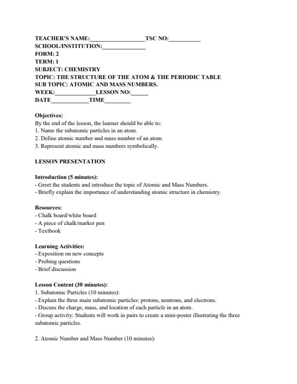 Page 1 – Form 2 Chemistry Lesson Plans Term 1 – Kenyaplex