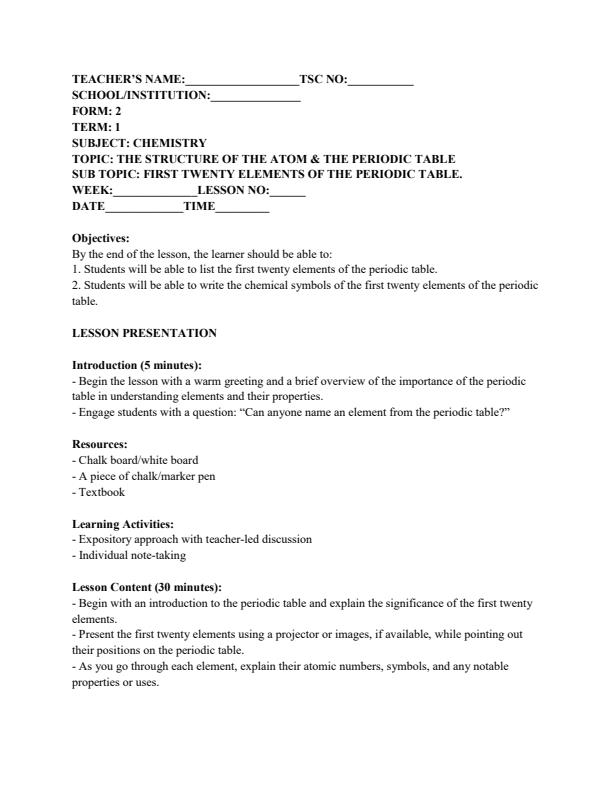 Page 4 – Form 2 Chemistry Lesson Plans Term 1 – Kenyaplex