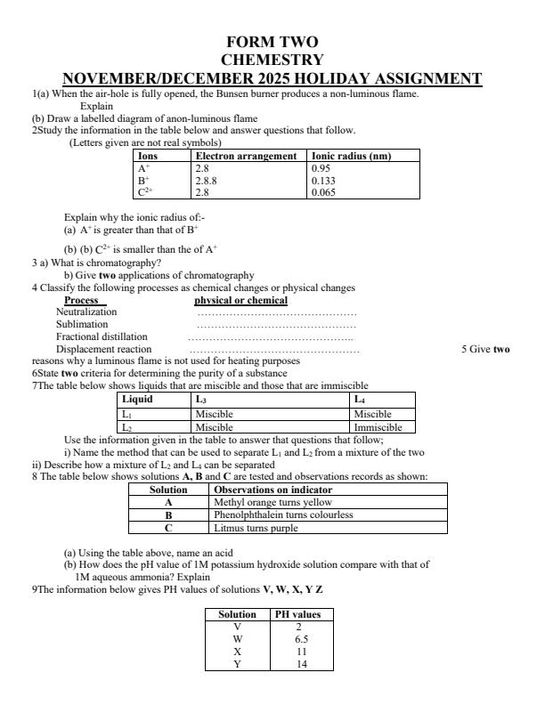 Page 1 – Form 2 Chemistry November/December 2025 Holiday Assignment – Kenyaplex
