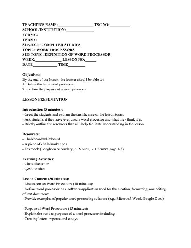 Page 1 – Form 2 Computer Studies Lesson Plans Term 1 – Kenyaplex