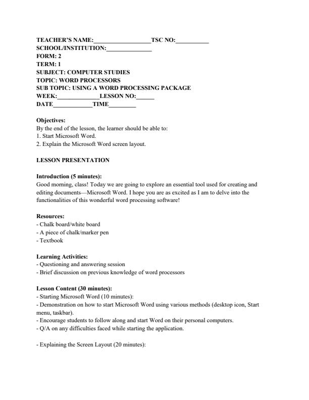 Page 3 – Form 2 Computer Studies Lesson Plans Term 1 – Kenyaplex