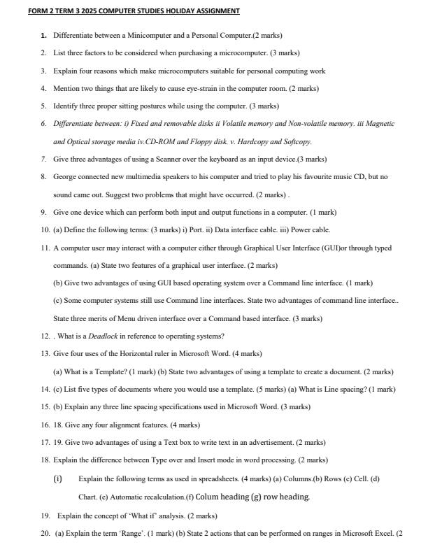 Page 1 – Form 2 Computer Studies November/December 2025 Holiday Assignment – Kenyaplex