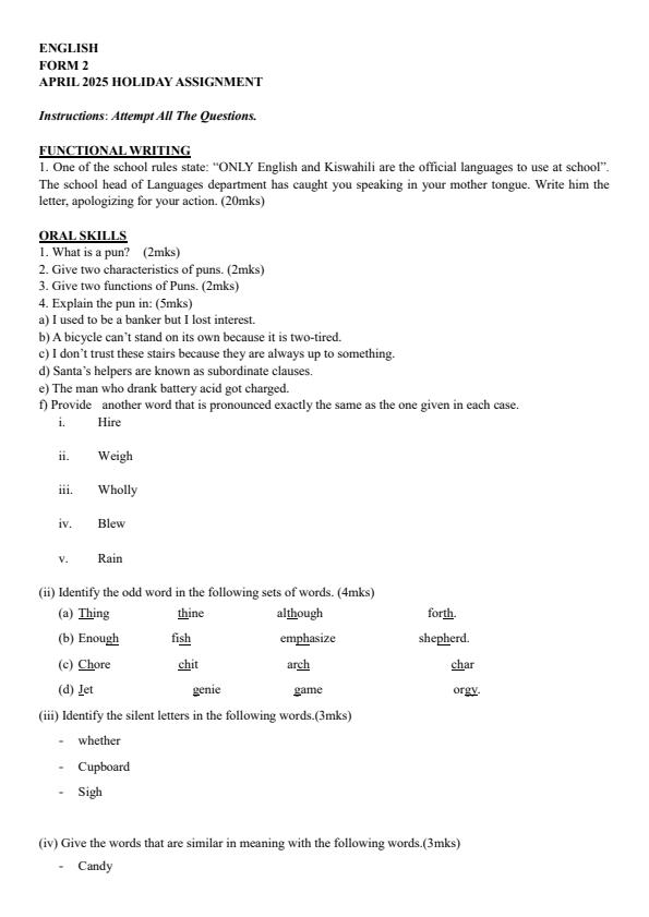 Page 1 – Form 2 English April 2025 Holiday Assignment – Kenyaplex