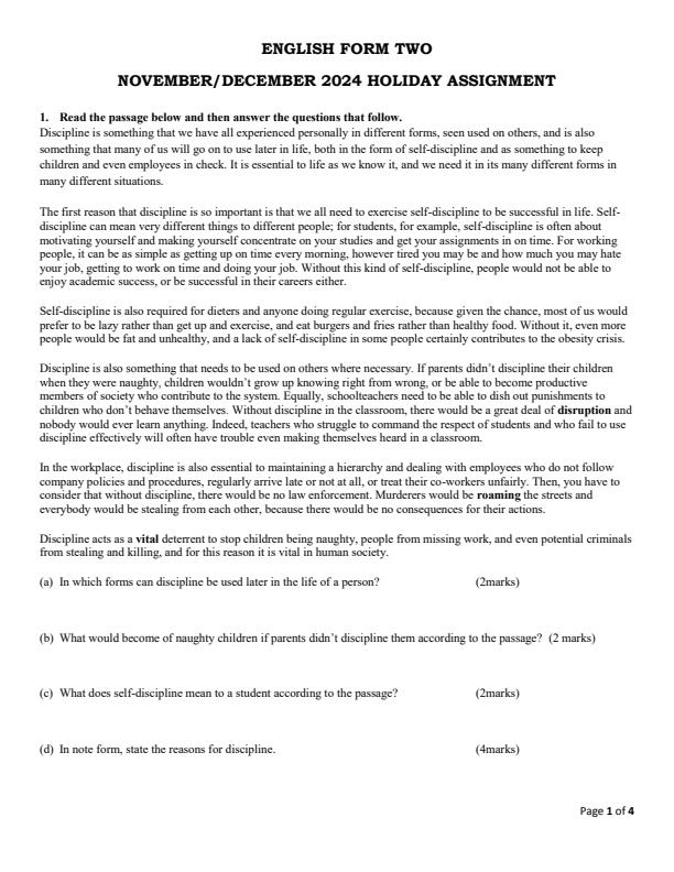 Page 1 – Form 2 English December 2024 Holiday Assignment – Kenyaplex