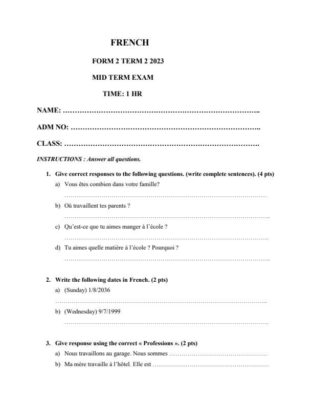 Page 1 – Form 2 French Mid Term Exam Term 2, 2023  – Kenyaplex