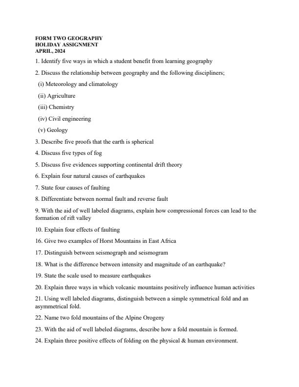 Page 1 – Form 2 Geography April 2024 Holiday Assignment – Kenyaplex