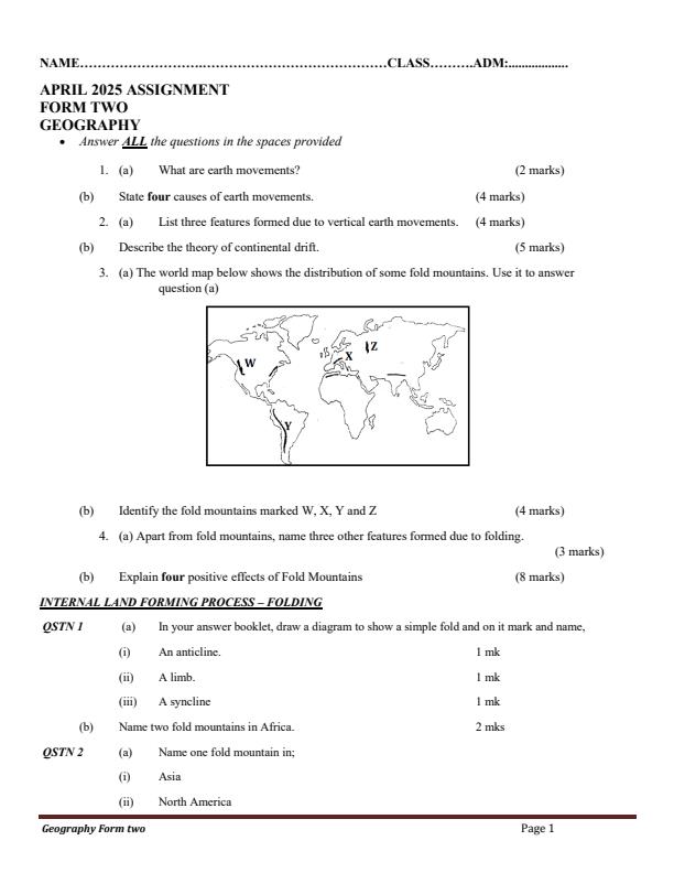 Page 1 – Form 2 Geography April 2025 Holiday Assignment – Kenyaplex