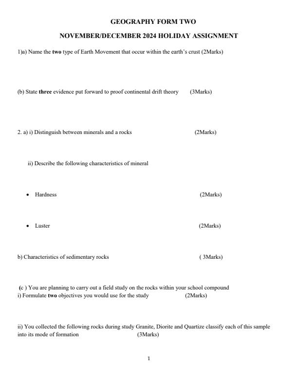 Page 1 – Form 2 Geography December 2024 Holiday Assignment – Kenyaplex