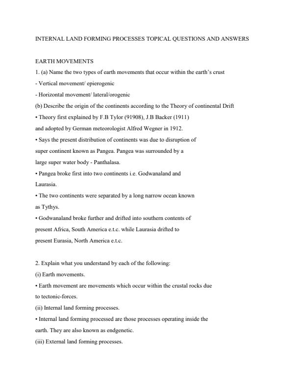Page 1 – Form 2 Geography: Internal Land Forming Processes Topical Questions and Answers – Kenyaplex
