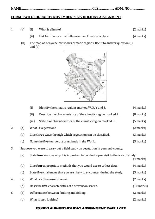 Page 1 – Form 2 Geography November/December 2025 Holiday Assignment – Kenyaplex