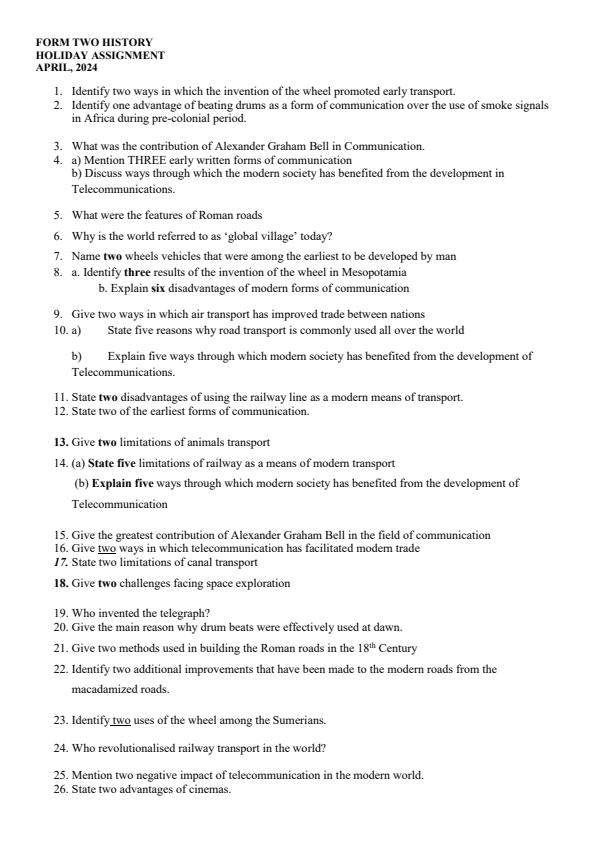 Page 1 – Form 2 History April 2024 Holiday Assignment – Kenyaplex