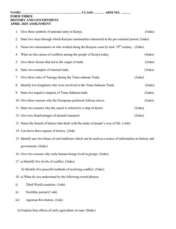 Page 1 – Form 2 History and Government April 2025 Holiday Assignment – Kenyaplex