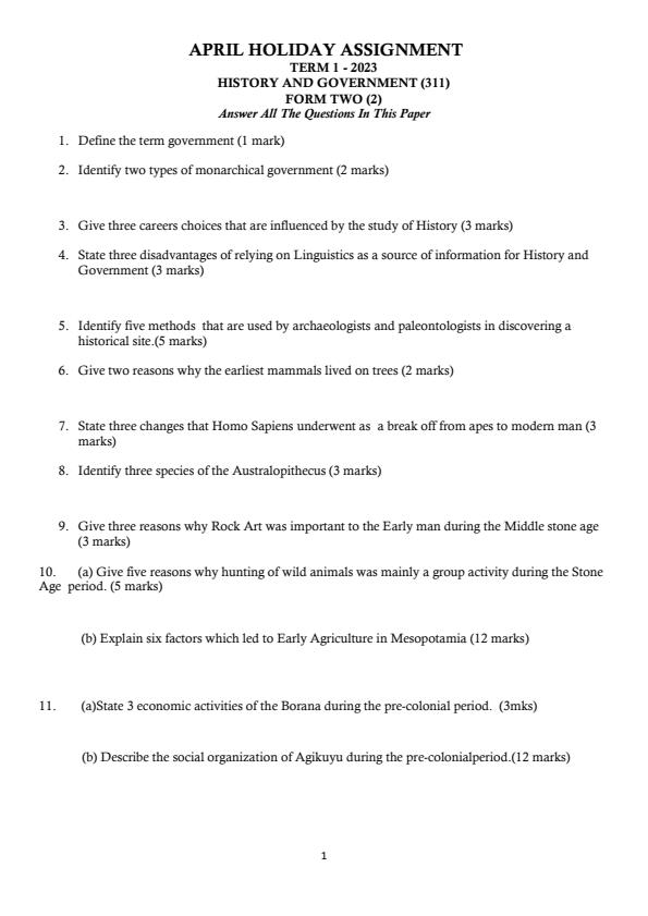 Page 1 – Form 2 History and Government April Holiday Assignment 2023 – Kenyaplex