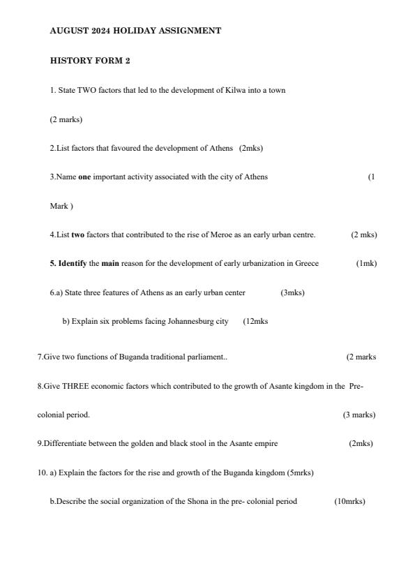 Page 1 – Form 2 History and Government August 2024 Holiday Assignment – Kenyaplex