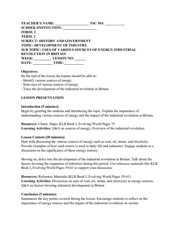 Page 1 – Form 2 History and Government Lesson Plans Term 2 – Kenyaplex