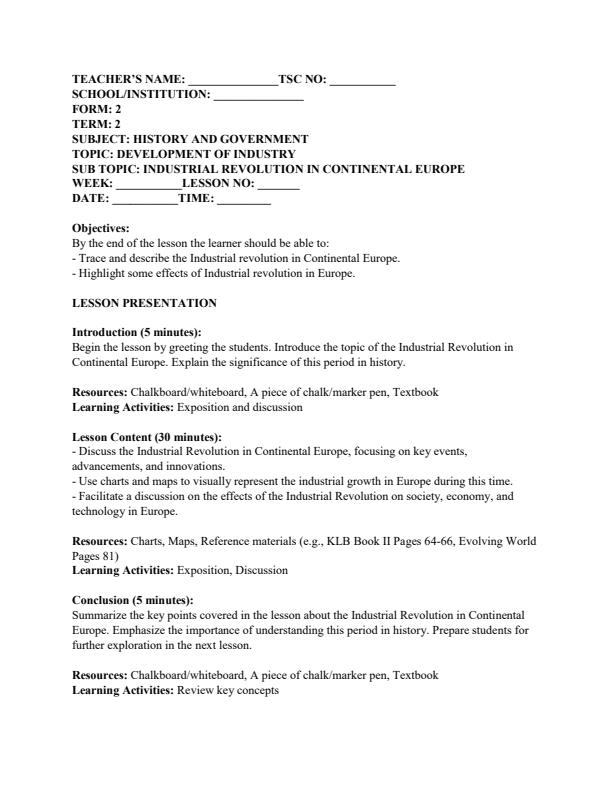Page 3 – Form 2 History and Government Lesson Plans Term 2 – Kenyaplex