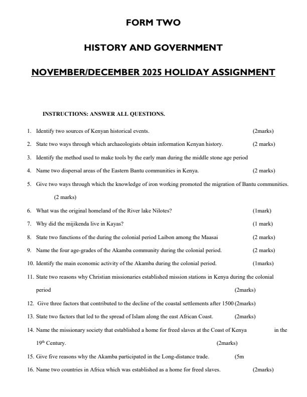 Page 1 – Form 2 History and Government November/December 2025 Holiday Assignment – Kenyaplex