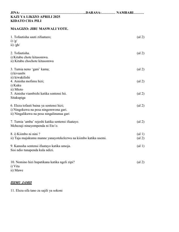 Page 1 – Form 2 Kiswahili April 2025 Holiday Assignment – Kenyaplex