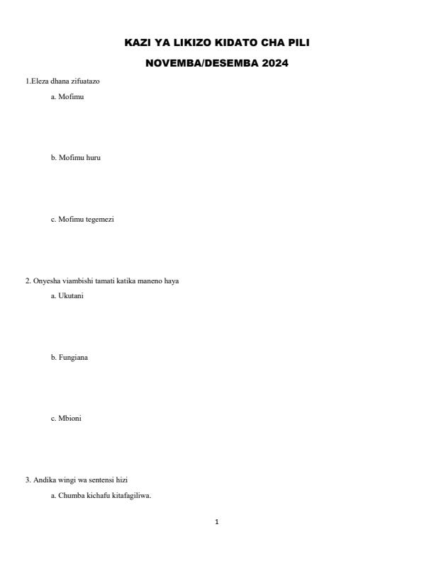 Page 1 – Form 2 Kiswahili December 2024 Holiday Assignment – Kenyaplex