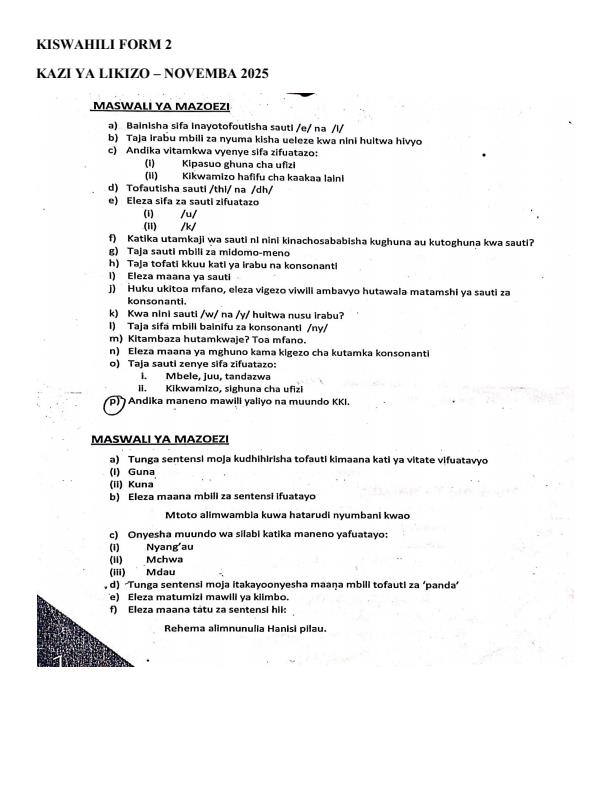 Page 1 – Form 2 Kiswahili November/December 2025 Holiday Assignment – Kenyaplex