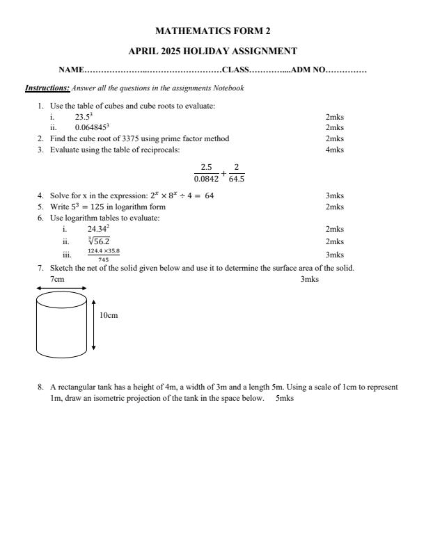Page 1 – Form 2 Mathematics April 2025 Holiday Assignment – Kenyaplex