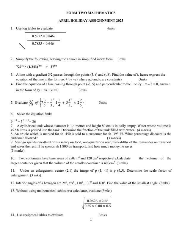 form 2 mathematics assignment