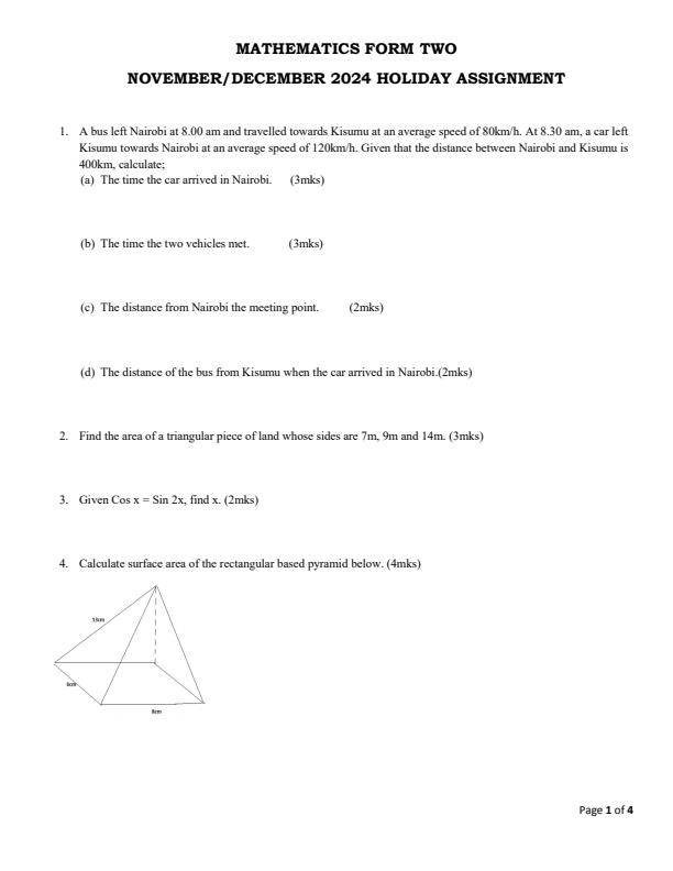 Page 1 – Form 2 Mathematics December 2024 Holiday Assignment – Kenyaplex