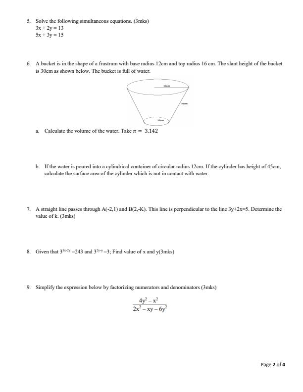 Page 2 – Form 2 Mathematics December 2024 Holiday Assignment – Kenyaplex