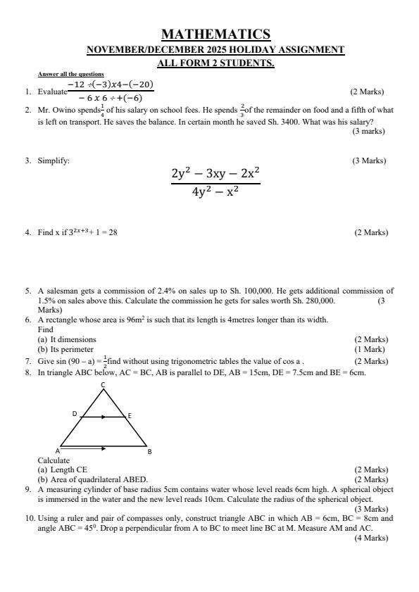 Page 1 – Form 2 Mathematics November/December 2025 Holiday Assignment – Kenyaplex