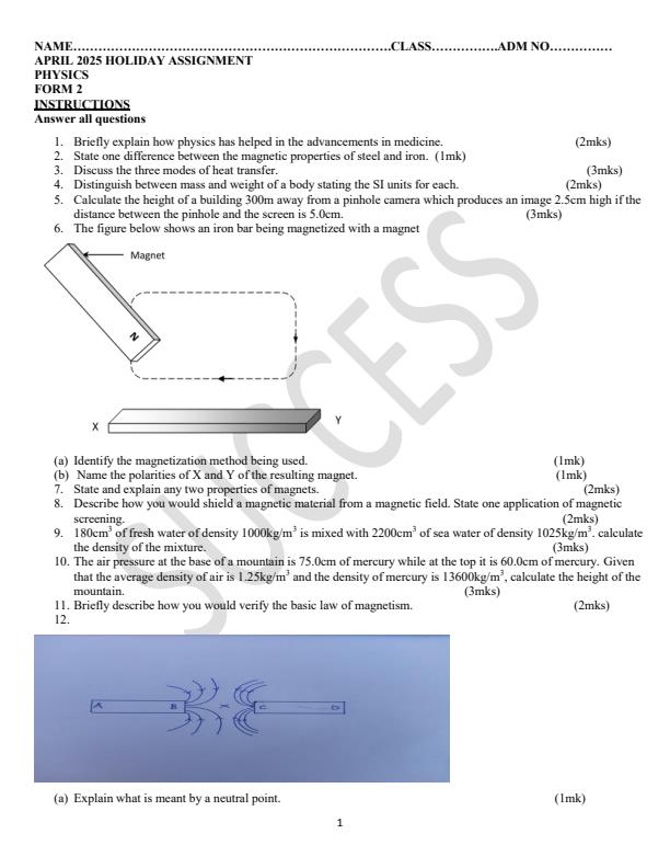 Page 1 – Form 2 Physics April 2025 Holiday Assignment – Kenyaplex