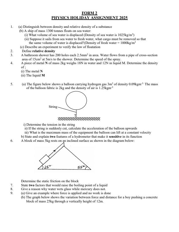 Page 1 – Form 2 Physics November/December 2025 Holiday Assignment – Kenyaplex