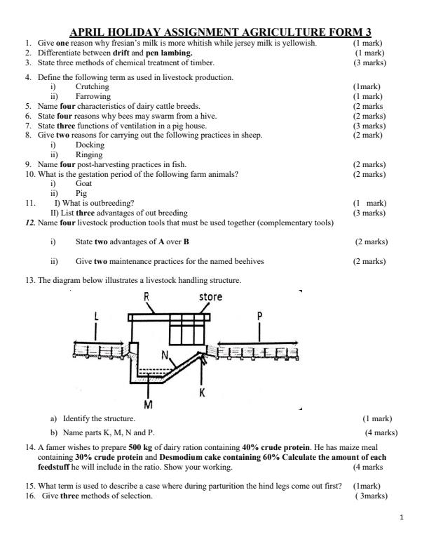 Page 1 – Form 3 Agriculture April 2024 Holiday Assignment – Kenyaplex