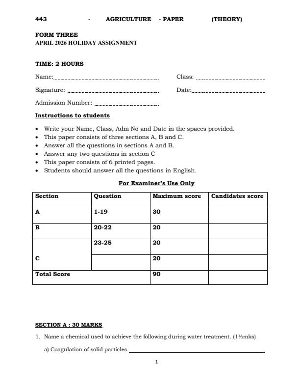 Page 1 – Form 3 Agriculture April 2026 Holiday Assignment – Kenyaplex