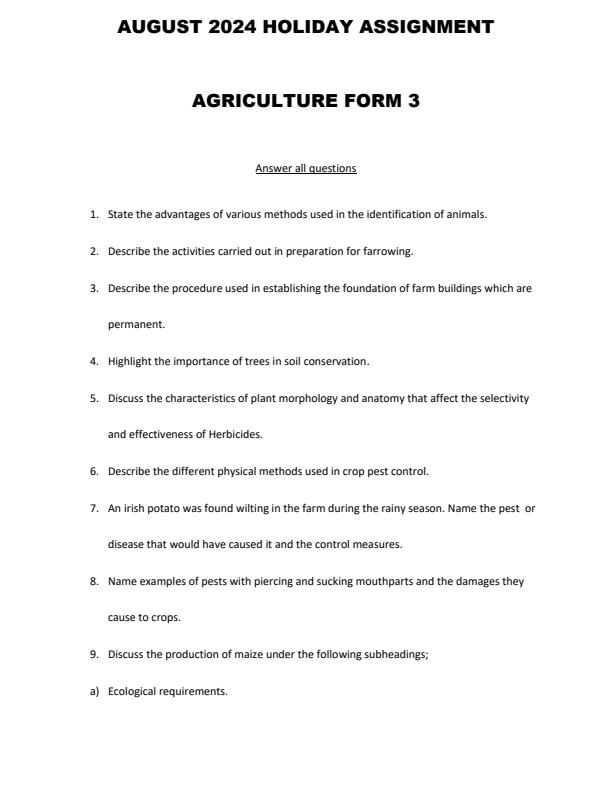 Page 1 – Form 3 Agriculture August 2024 Holiday Assignment – Kenyaplex
