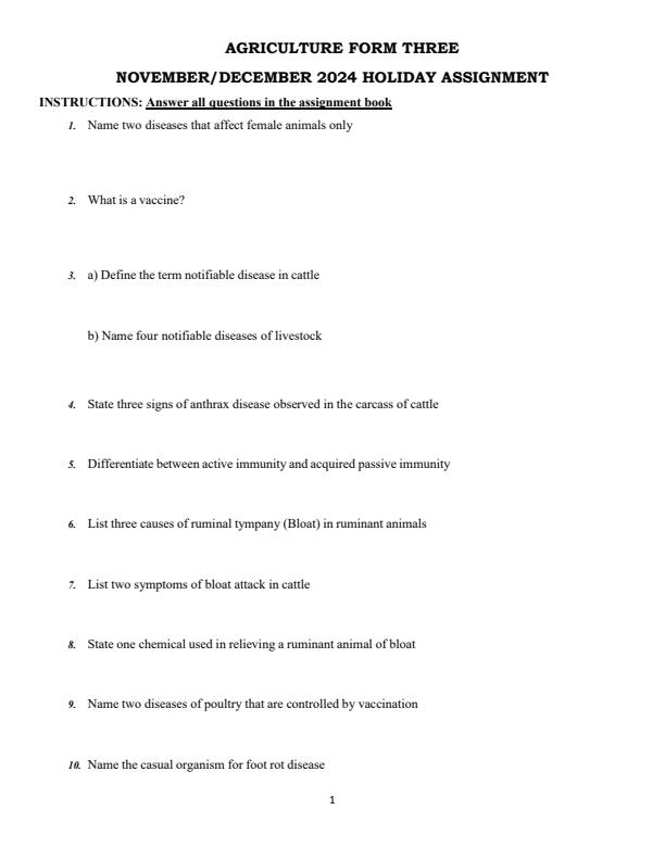 Page 1 – Form 3 Agriculture December 2024 Holiday Assignment – Kenyaplex