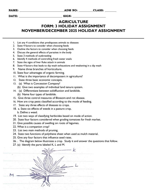 Page 1 – Form 3 Agriculture November/December 2025 Holiday Assignment – Kenyaplex