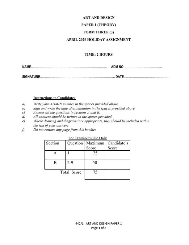 Page 1 – Form 3 Art and Design April 2026 Holiday Assignment – Kenyaplex