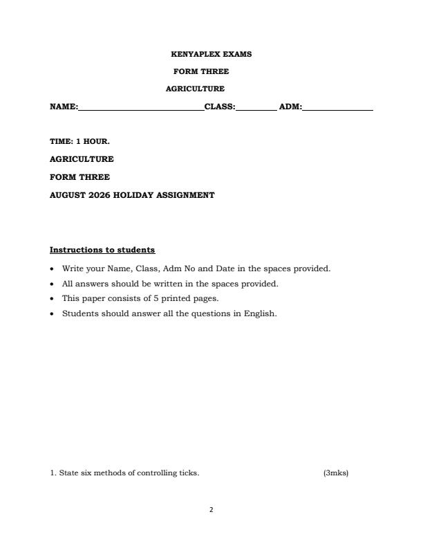 Page 2 – Form 3 August 2026 Holiday Assignment - Full Set – Kenyaplex